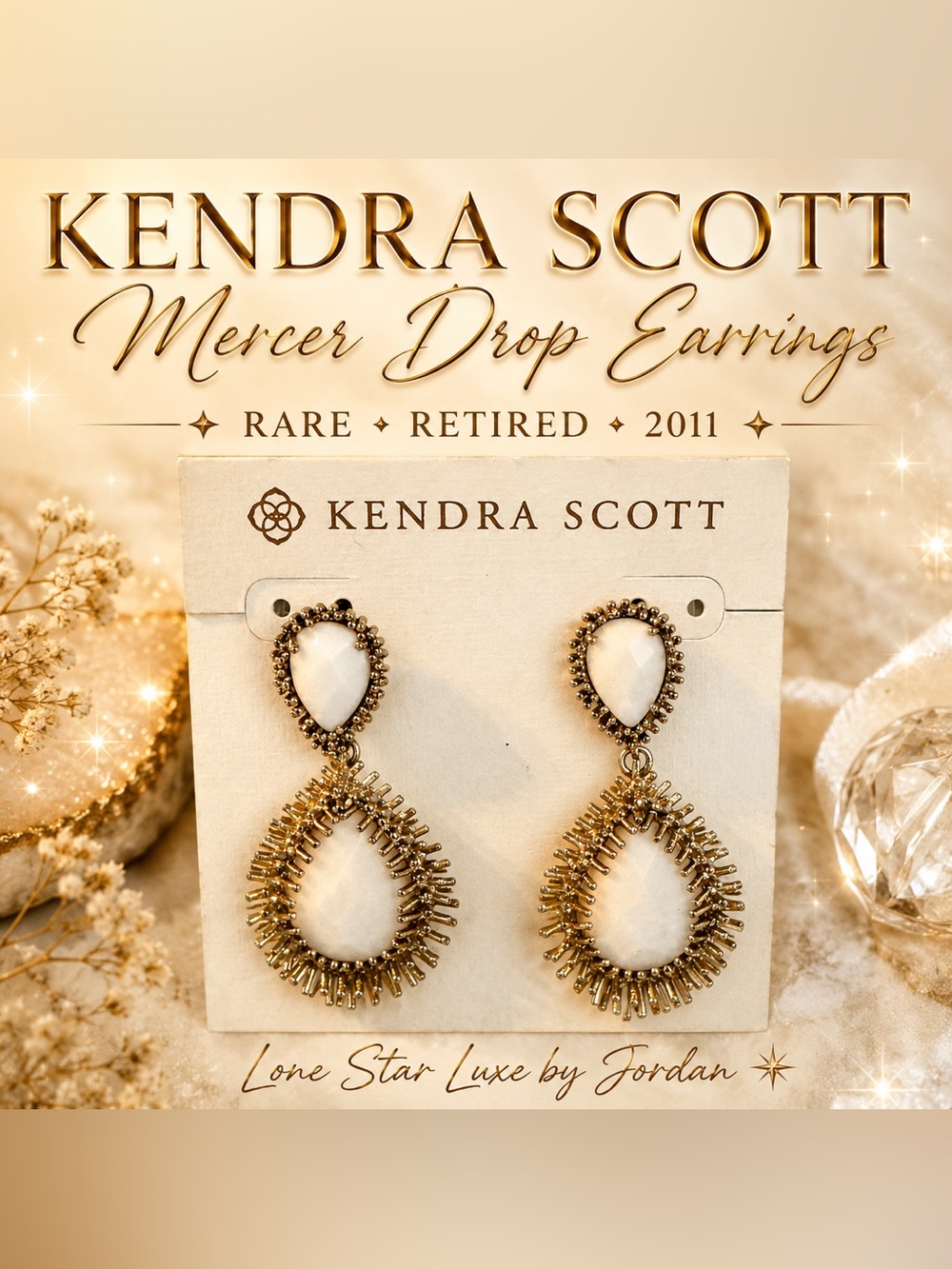 Kendra Scott Mercer Earrings – White Stone & Gold Retired Vintage 2011-Rare-HTF